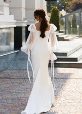 Flora | Square Neckline Mermaid Puff Long Sleeve White Wedding Dress Train - Price #price_variant_lowest# - White - PromDressClub